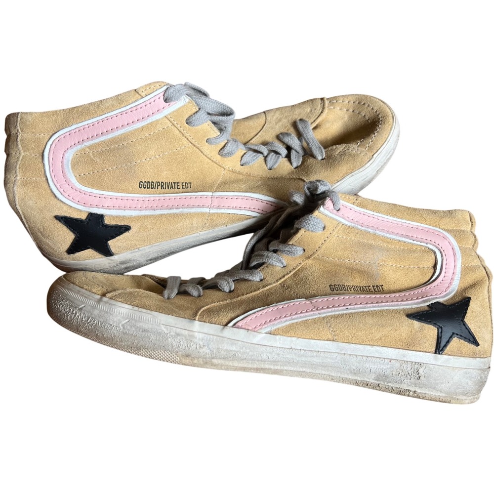 Golden Goose Deluxe Brand Slide Tan Suede Pink Stripe High Top Sneakers Mens